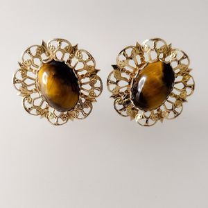 Vintage Gold Tone Filigree Tortoise Shell Clip-On Earrings